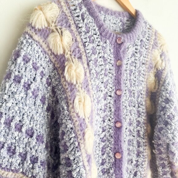 Vintage Handmade Crochet Lavender Mohair Wool Blend Crochet CArdigan M/L - Picture 3 of 7